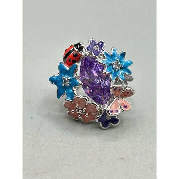 Enamel Flowers & Butterfly Ring Size 7 Silver Tone Cocktail Ring Summer Colorful - Picture 6 of 9